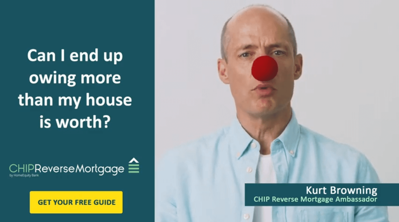 HomeEquity Bank commercial still of Kurt Browning with a red clown nose