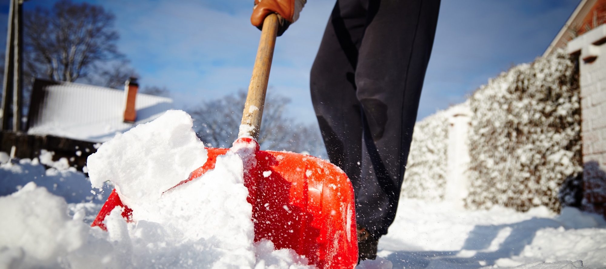 Ground level view of someone shoveling snow with a red shovel