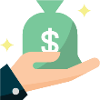 A hand holding a money bag icon